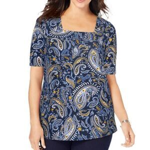 Paisley blue square‎ neck short sleeved top 26/28 maximalist artsy boho